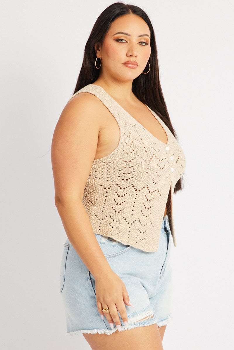 Beige Crochet Knit Vest for YouandAll Fashion