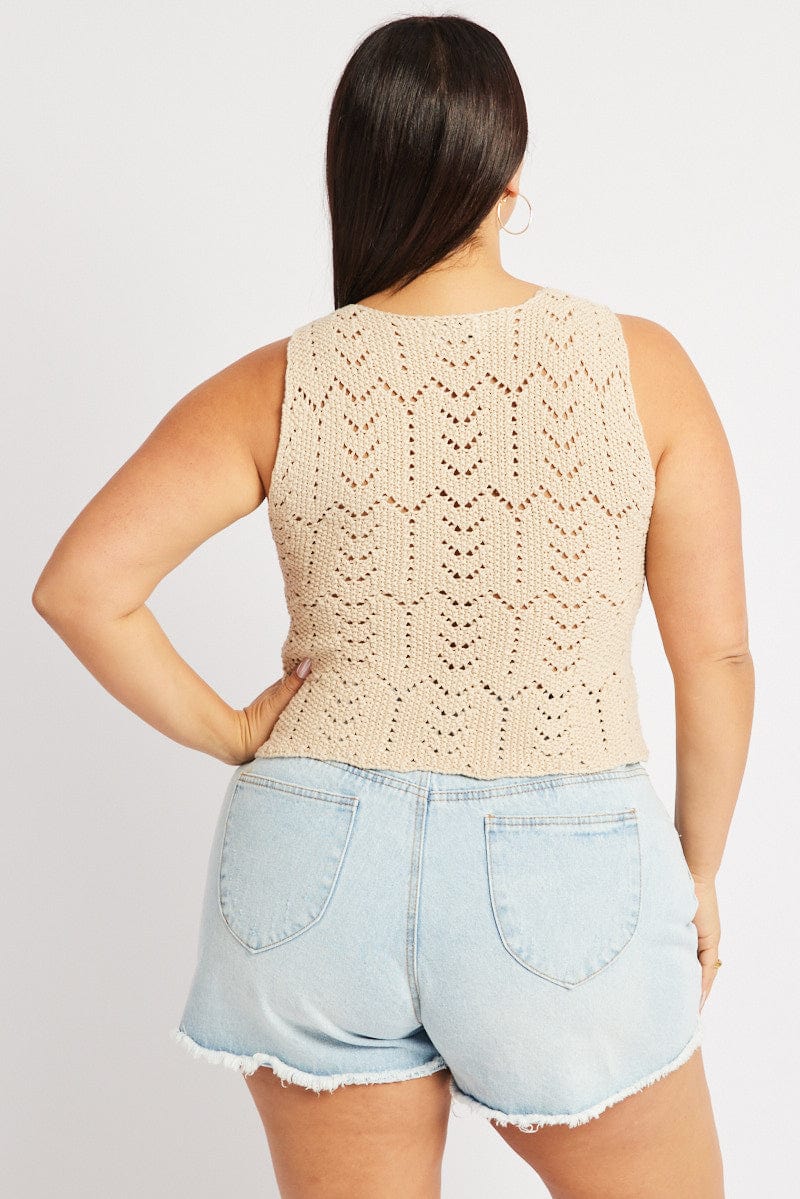 Beige Crochet Knit Vest for YouandAll Fashion