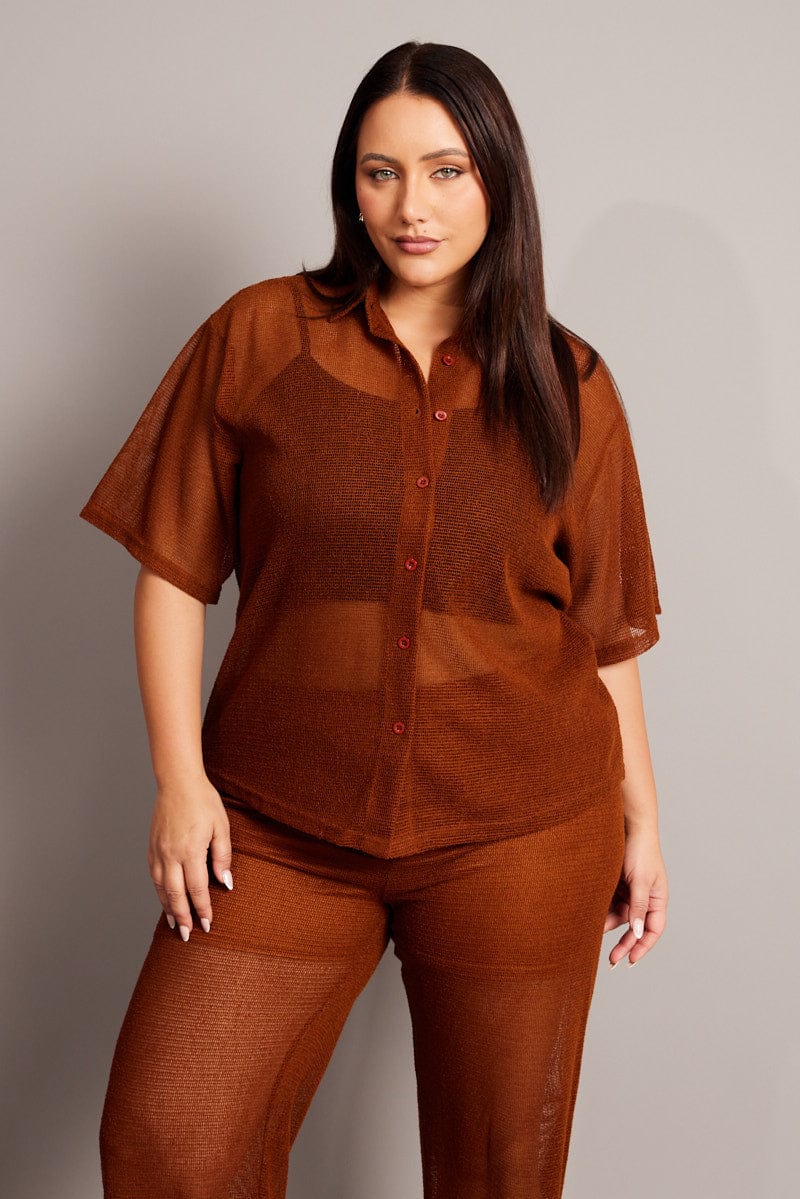 Brown Collar Knit Top Short Sleeve for YouandAll Fashion