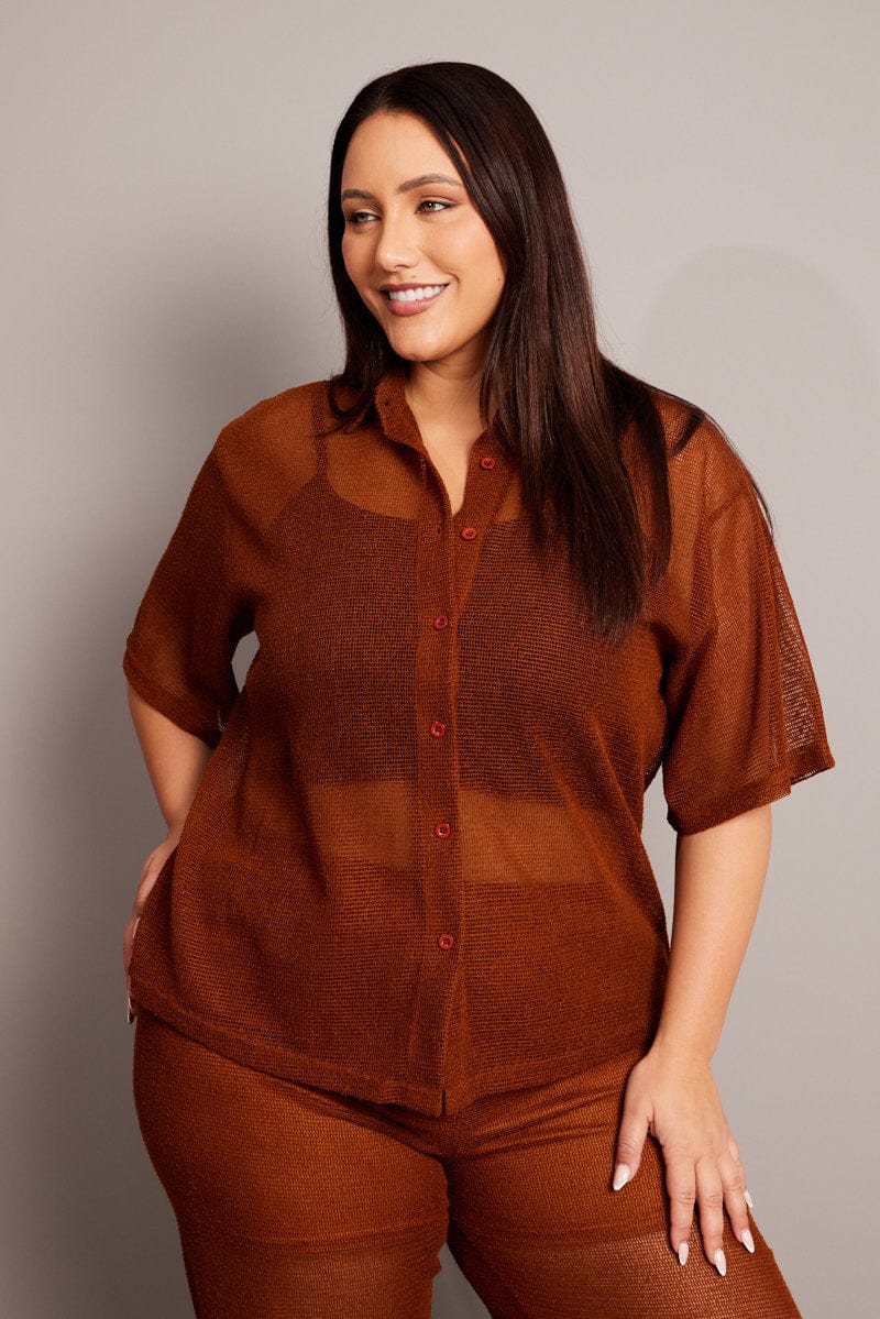 Brown Collar Knit Top Short Sleeve for YouandAll Fashion