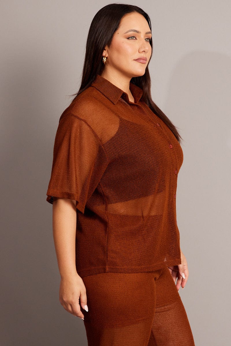 Brown Collar Knit Top Short Sleeve for YouandAll Fashion