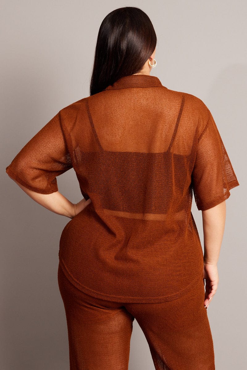 Brown Collar Knit Top Short Sleeve for YouandAll Fashion