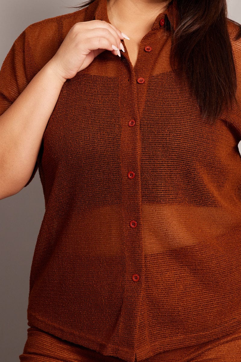 Brown Collar Knit Top Short Sleeve for YouandAll Fashion