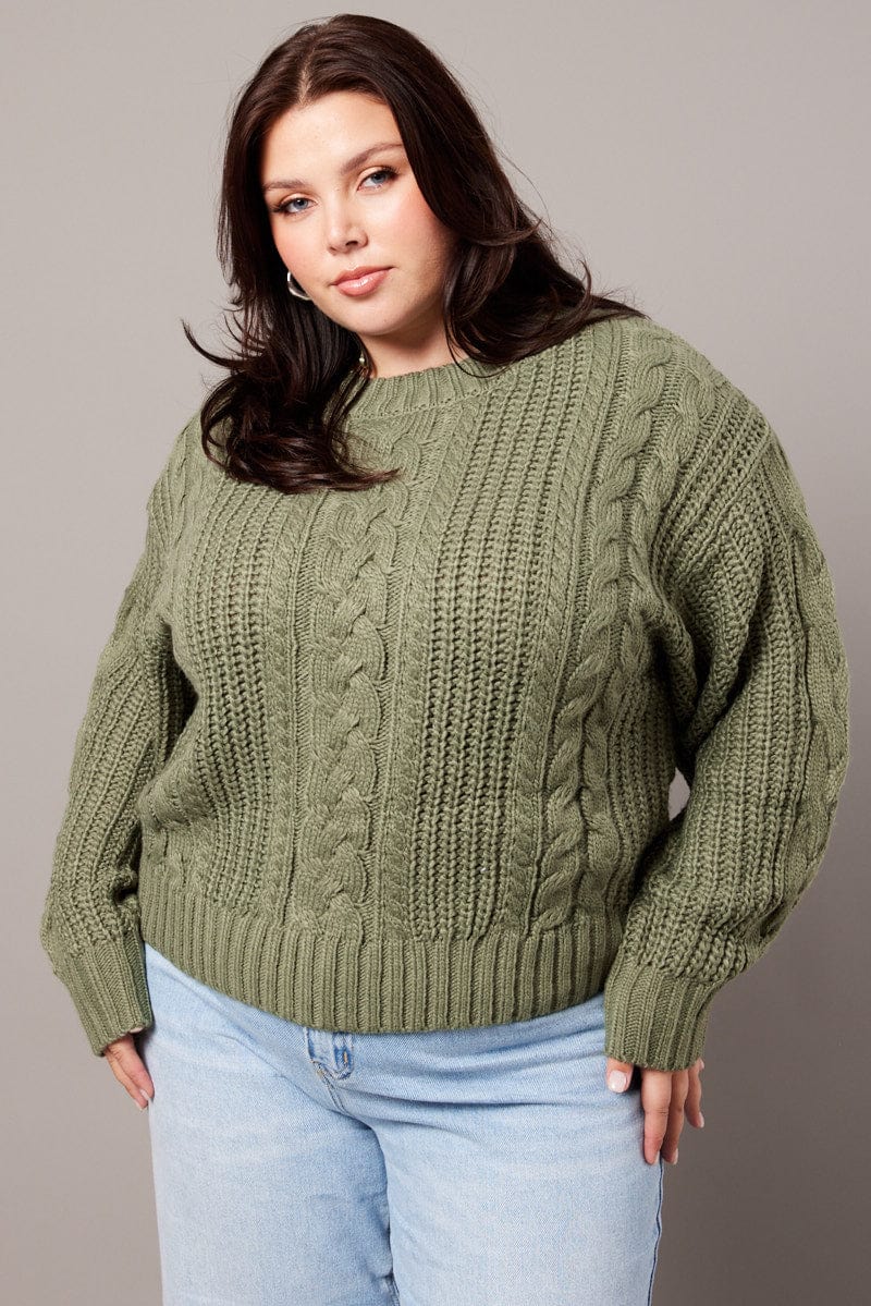 Green Cable Knit Jumper Long Sleeve Round Neck for YouandAll Fashion