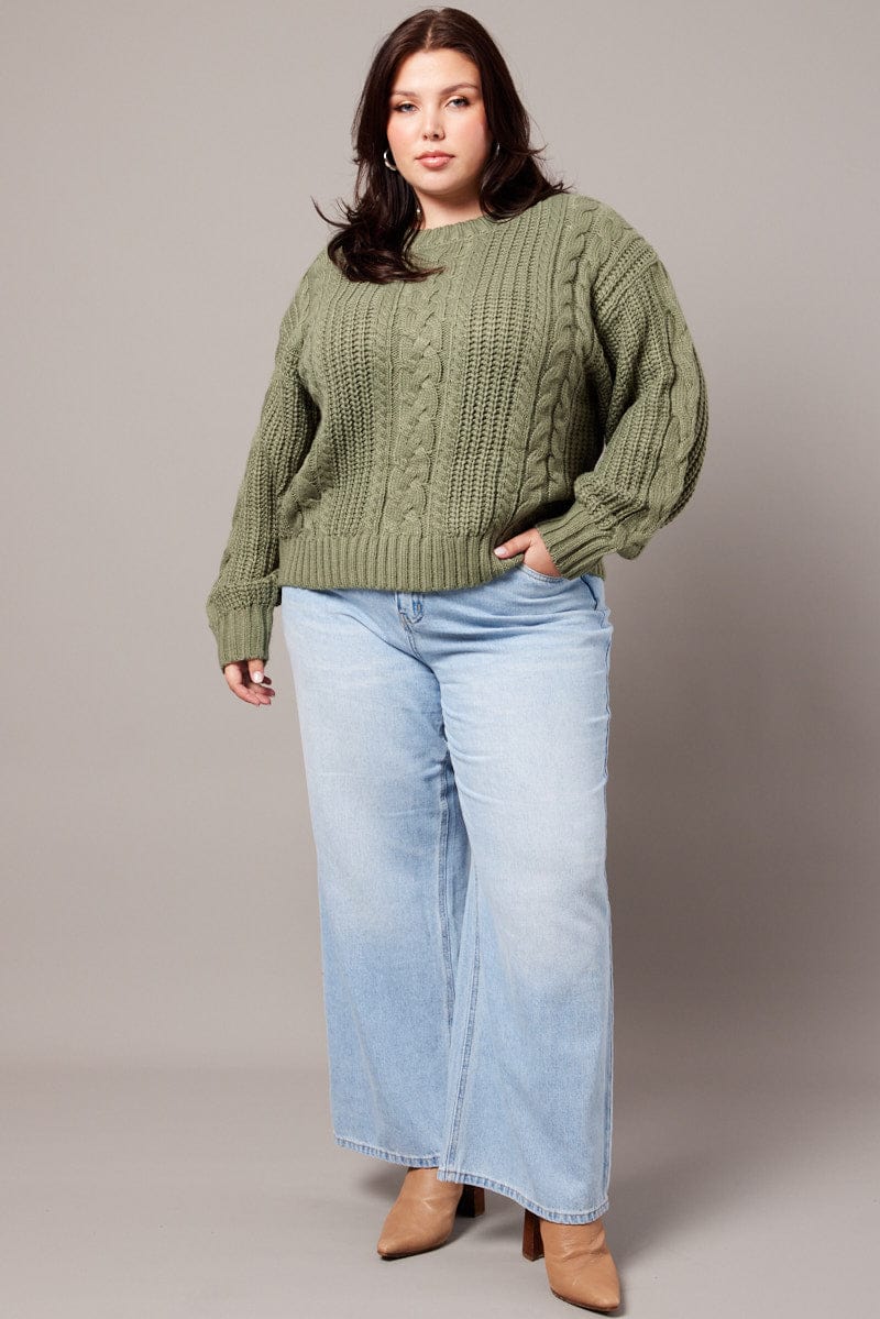 Green Cable Knit Jumper Long Sleeve Round Neck for YouandAll Fashion