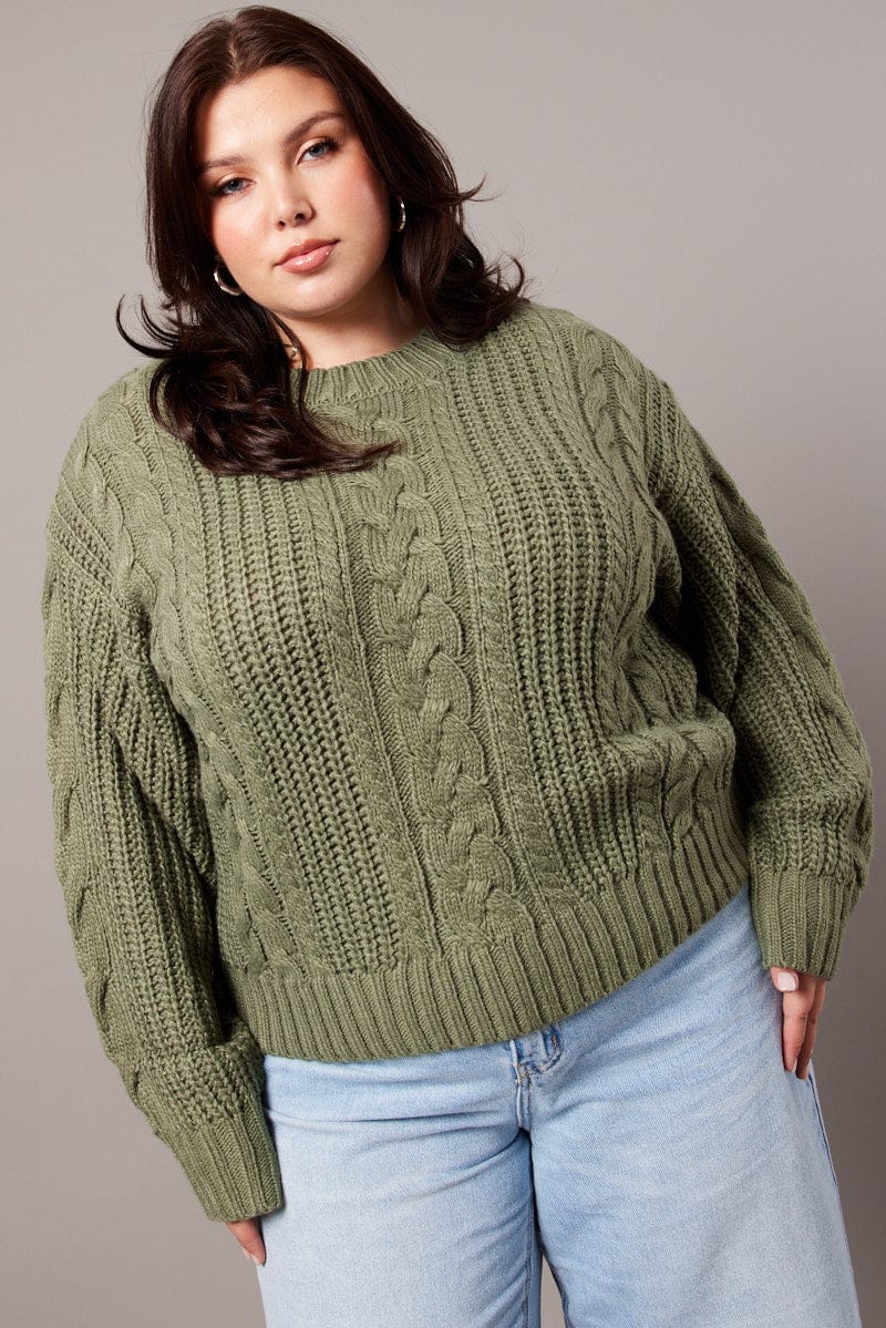 Green Cable Knit Jumper Long Sleeve Round Neck for YouandAll Fashion