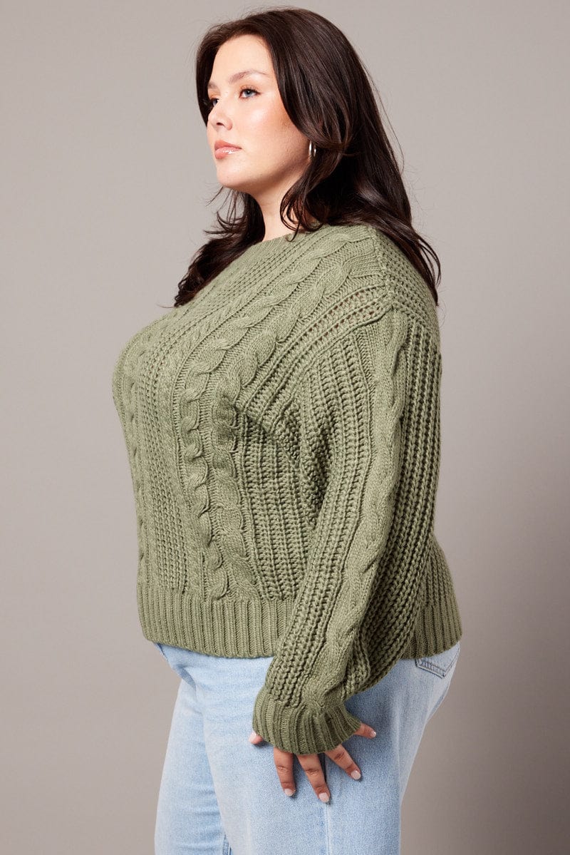 Green Cable Knit Jumper Long Sleeve Round Neck for YouandAll Fashion