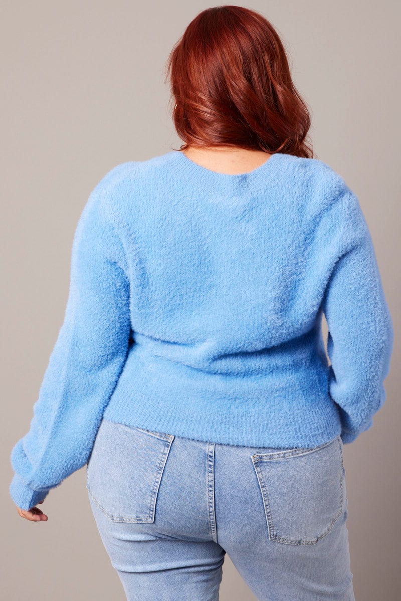 Blue Fluffy Knit Cardigan Long Sleeve V Neck for YouandAll Fashion