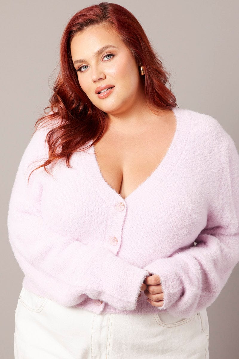 Pink Fluffy Knit Cardigan Long Sleeve V Neck for YouandAll Fashion