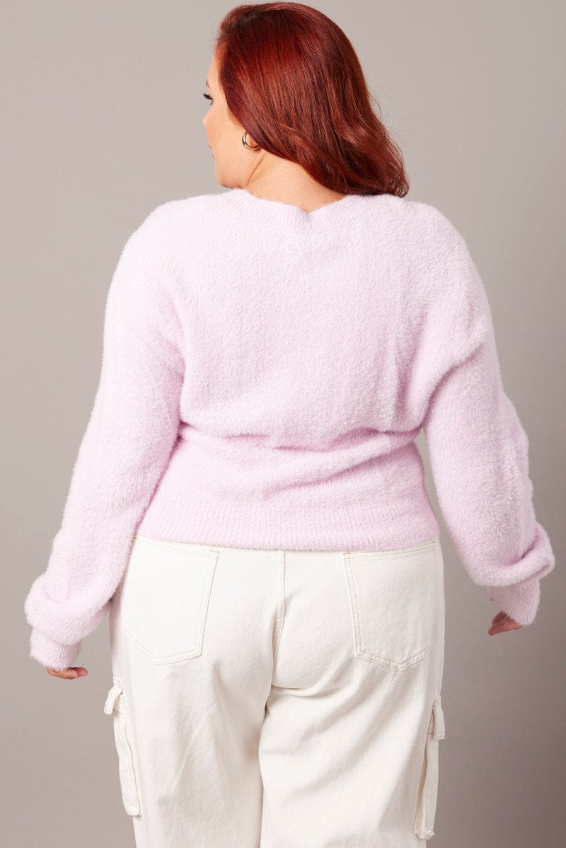 Pink Fluffy Knit Cardigan Long Sleeve V Neck for YouandAll Fashion