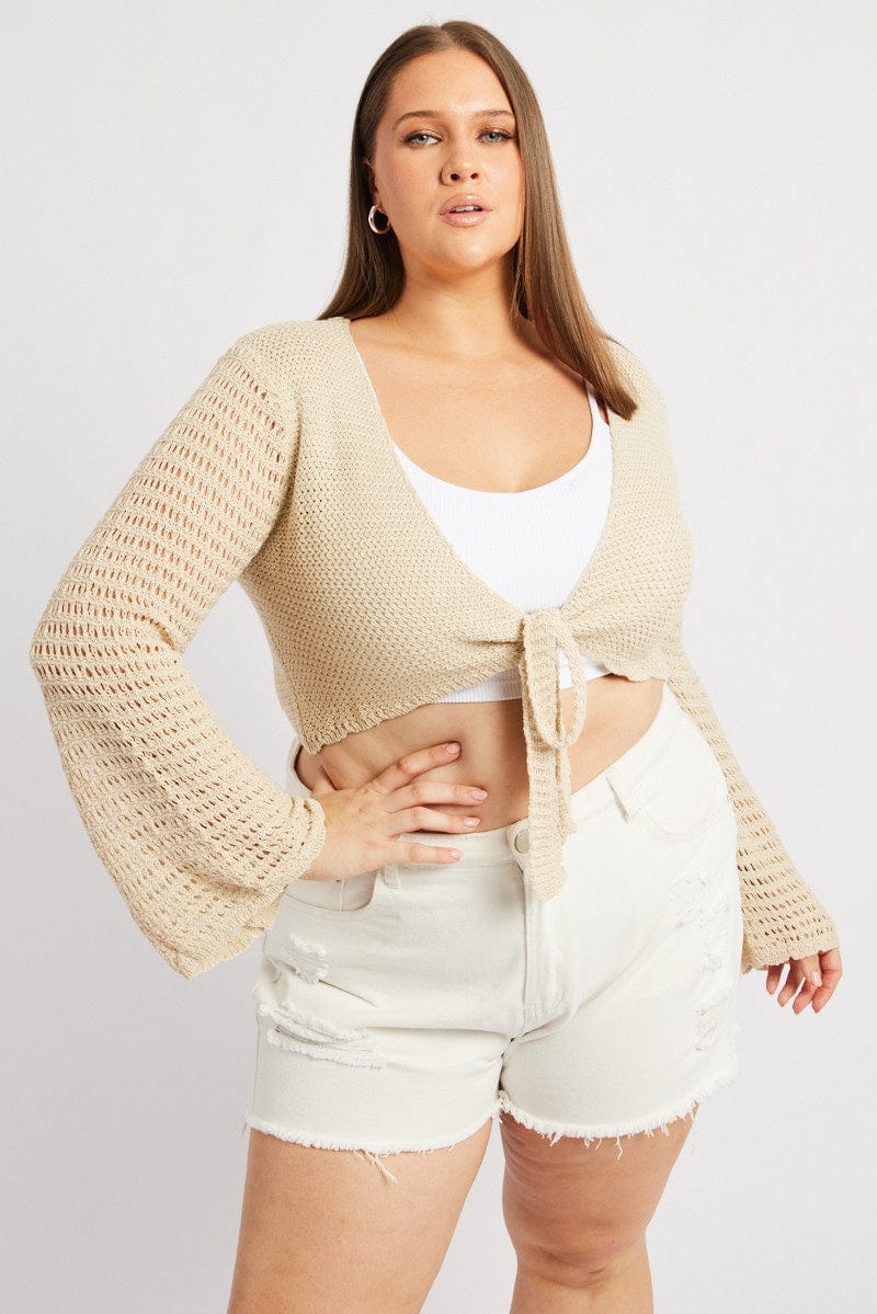 Beige Crochet Cardigan Long Sleeve Tie Front Knit for YouandAll Fashion