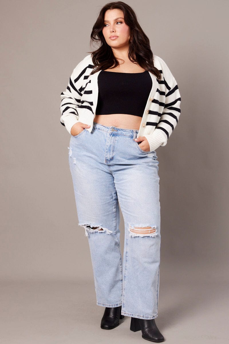 White Stripe Knit Cardigan Long Sleeve V Neck Oversized Fit for YouandAll Fashion