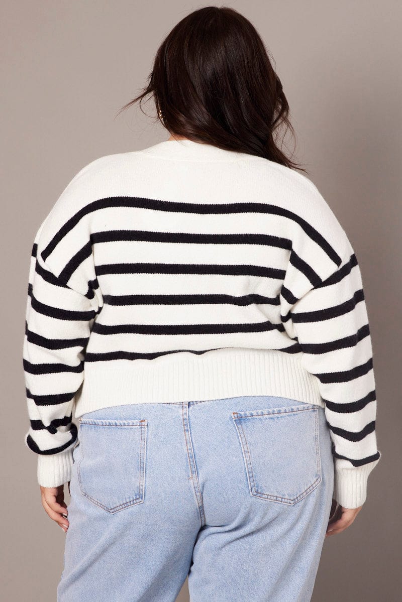 White Stripe Knit Cardigan Long Sleeve V Neck Oversized Fit for YouandAll Fashion