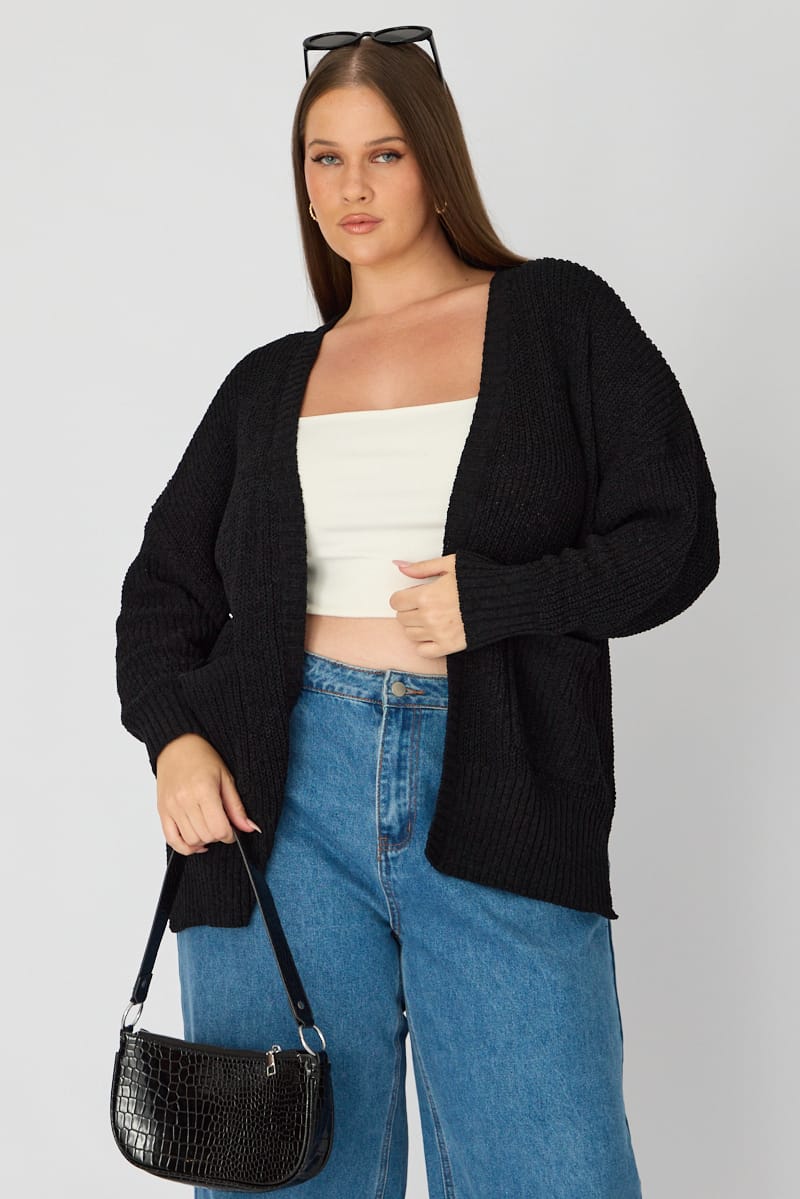 Black Oversized Cardigan Long Sleeve Chenille for YouandAll Fashion