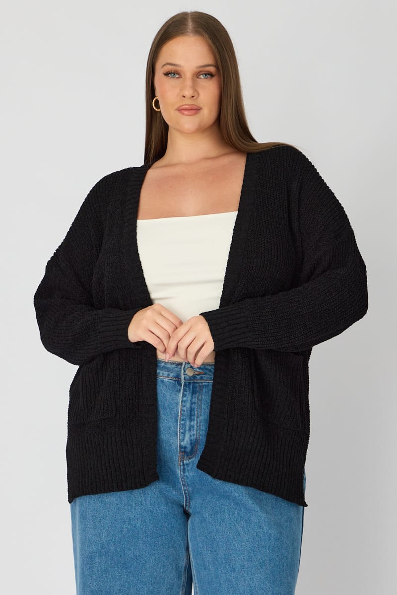 Black Oversized Cardigan Long Sleeve Chenille for YouandAll Fashion