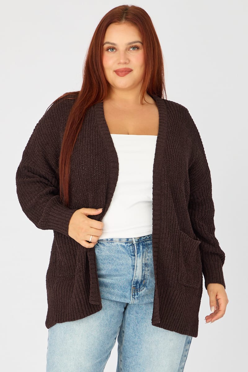 Brown Oversized Cardigan Long Sleeve Chenille for YouandAll Fashion