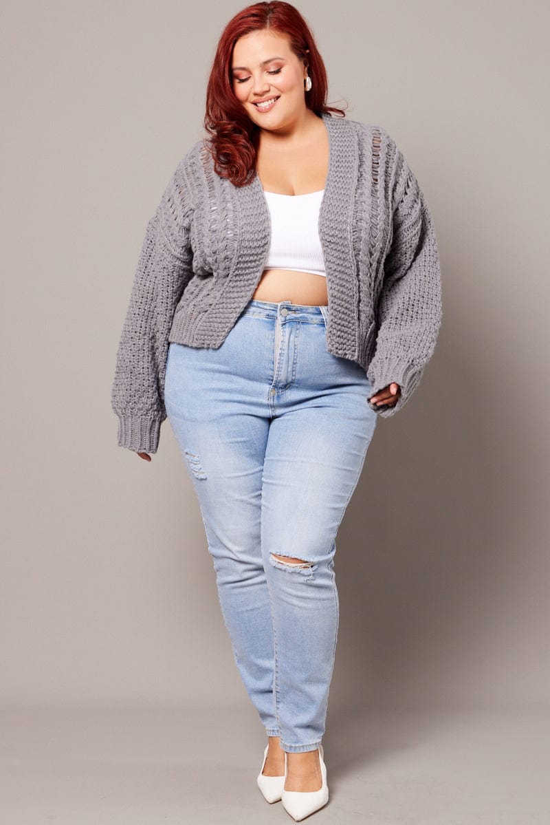 Grey Knit Cardigan Long Sleeve Relaxed Fit Cable for YouandAll Fashion