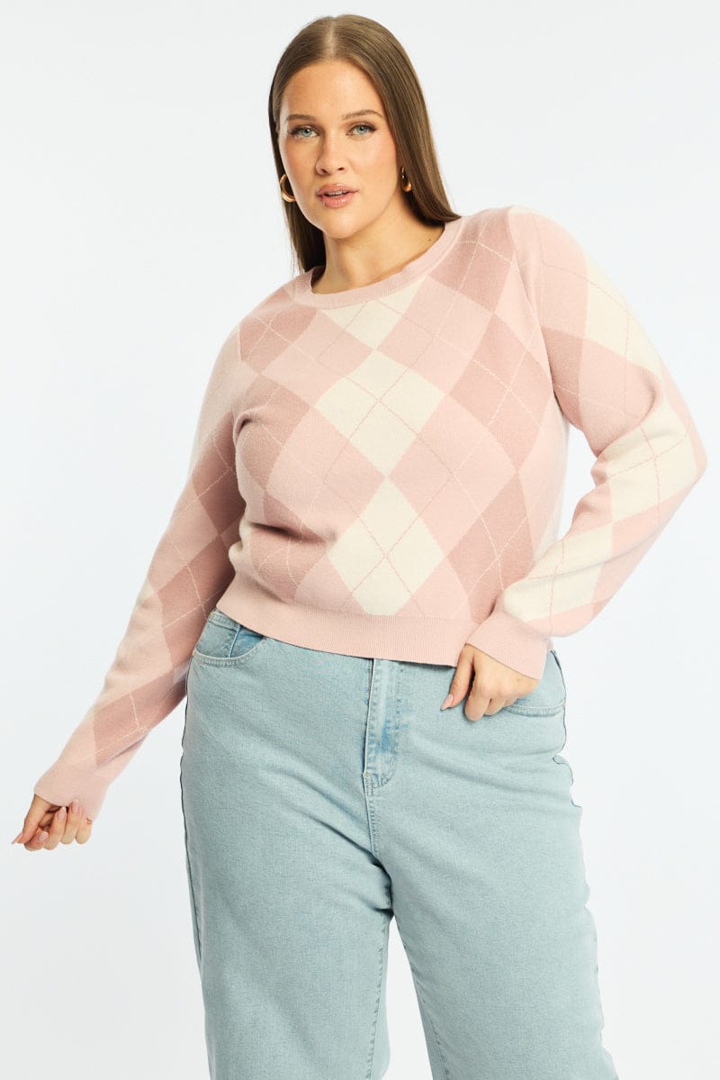 Pink Check Knit Top Long Sleeve Argyle for YouandAll Fashion