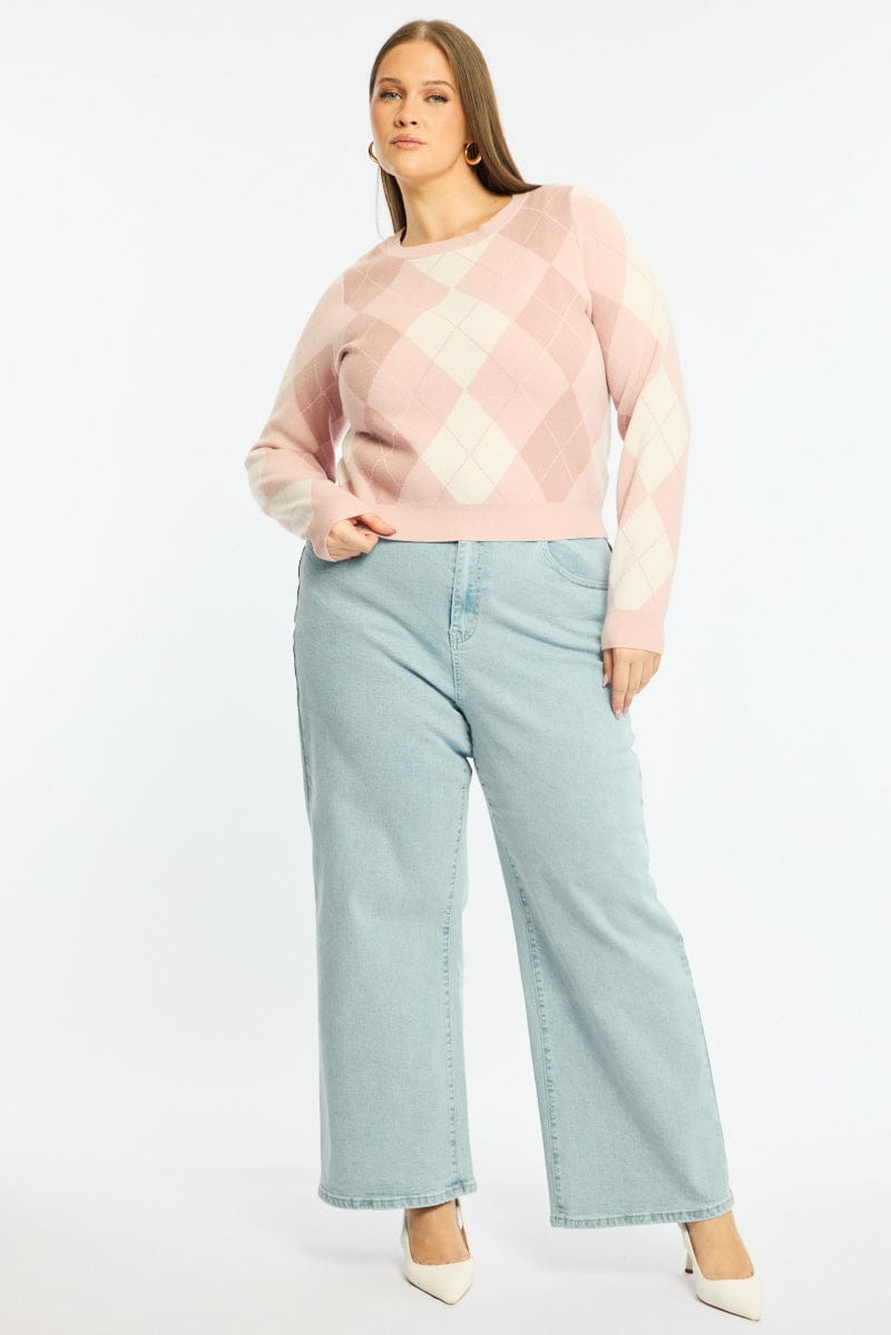Pink Check Knit Top Long Sleeve Argyle for YouandAll Fashion