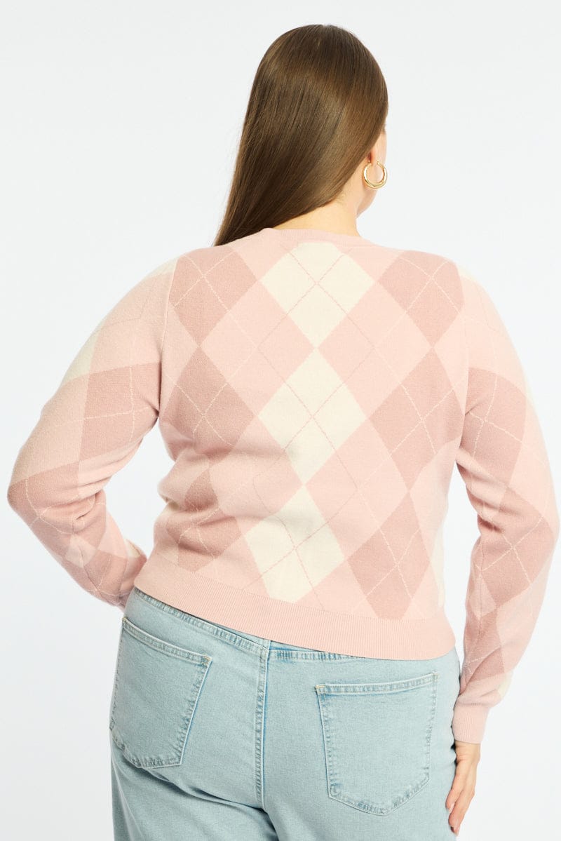 Pink Check Knit Top Long Sleeve Argyle for YouandAll Fashion