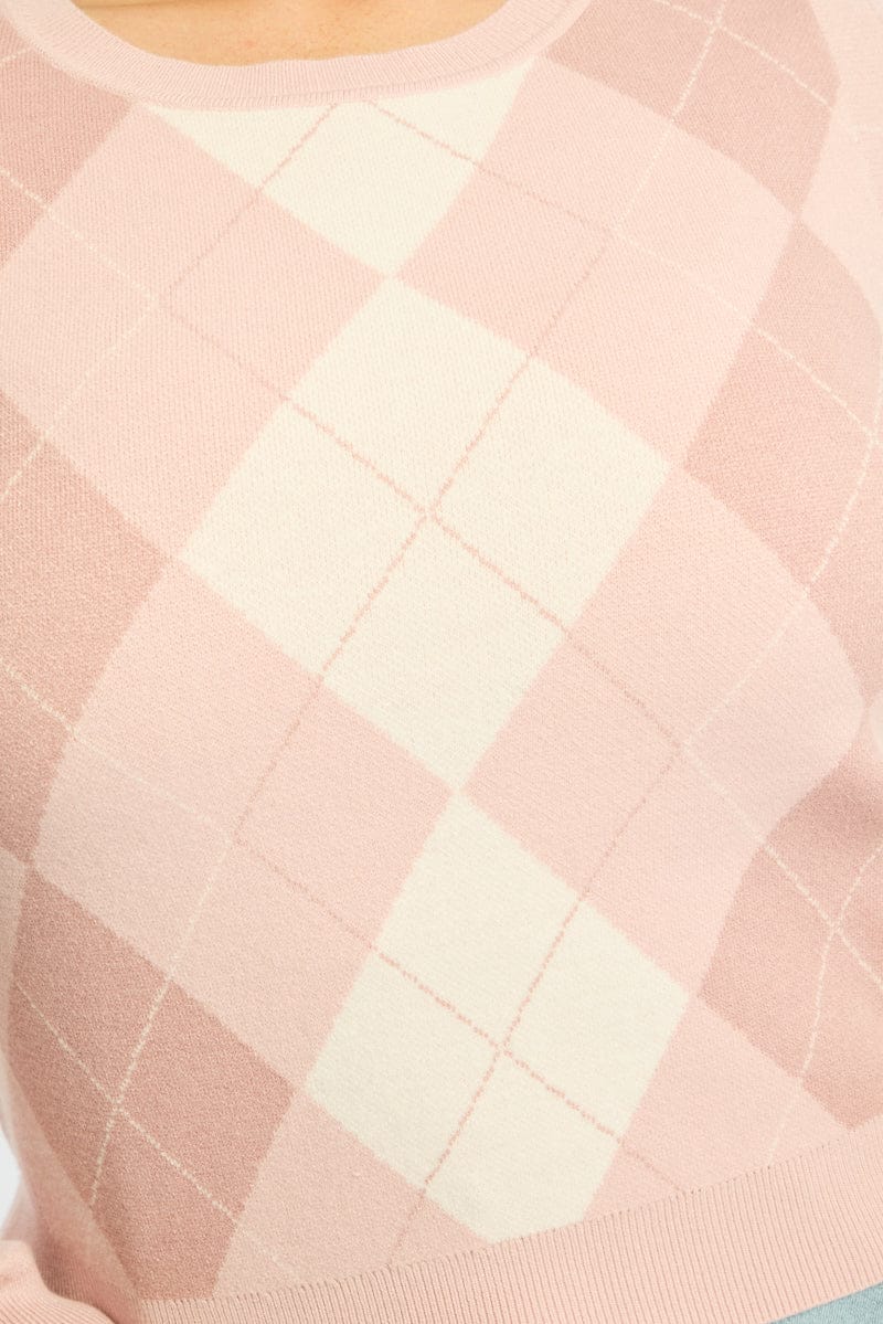 Pink Check Knit Top Long Sleeve Argyle for YouandAll Fashion