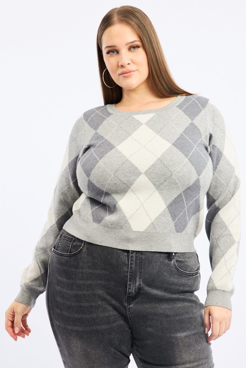 Grey Check Knit Jumper Long Sleeve Argyle for YouandAll Fashion