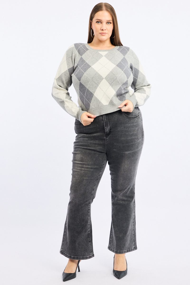Grey Check Knit Jumper Long Sleeve Argyle for YouandAll Fashion