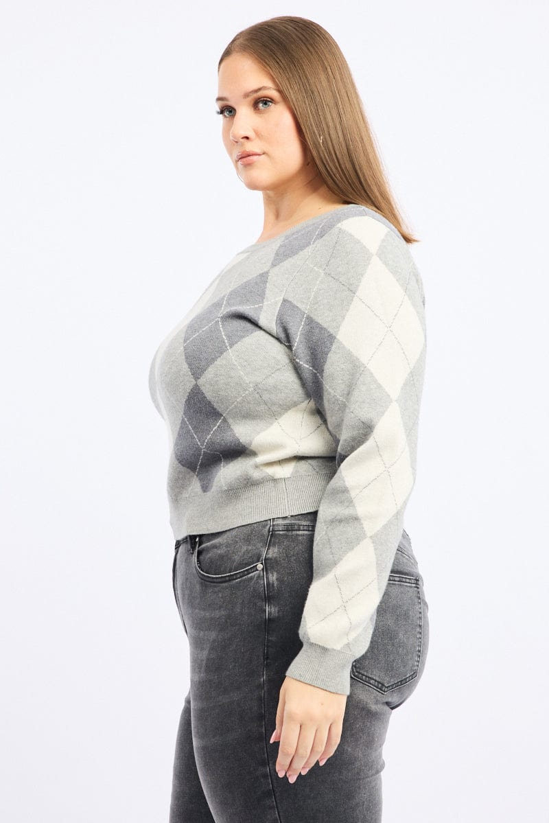 Grey Check Knit Jumper Long Sleeve Argyle for YouandAll Fashion