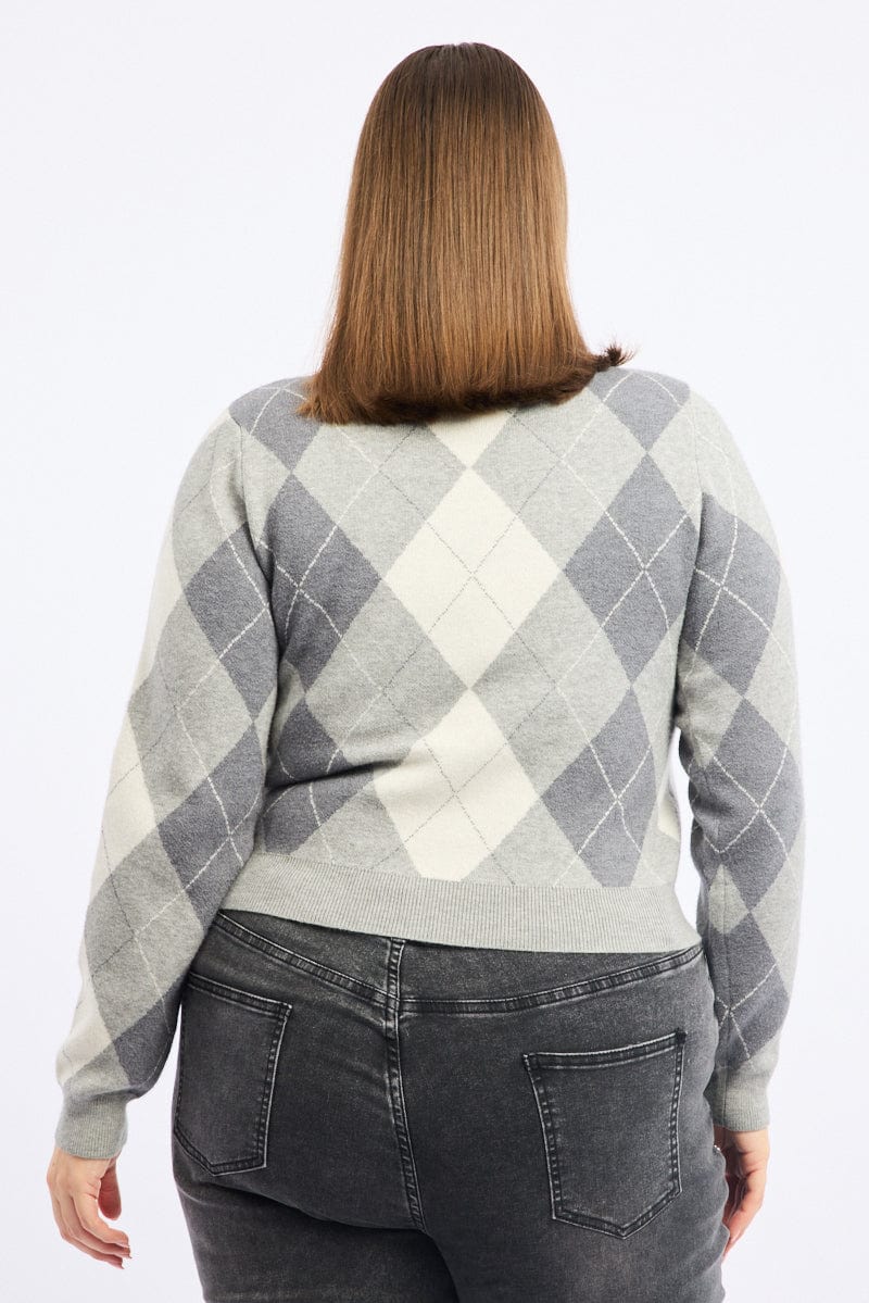 Grey Check Knit Jumper Long Sleeve Argyle for YouandAll Fashion