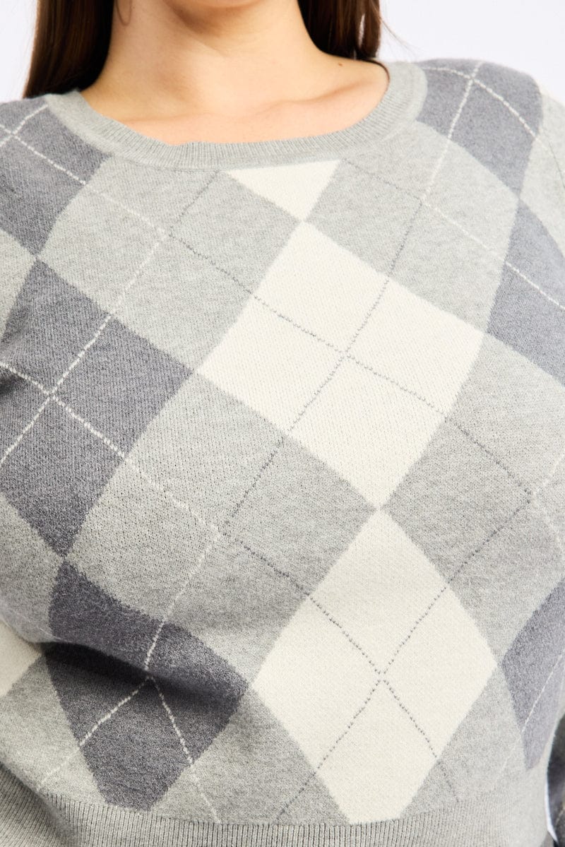 Grey Check Knit Jumper Long Sleeve Argyle for YouandAll Fashion