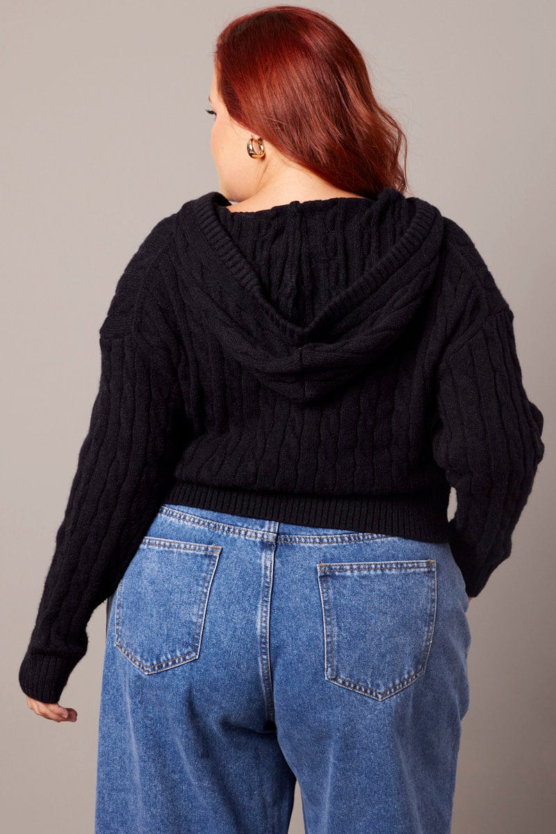 Black Cable Knit Cardigan Hooded Crop for YouandAll Fashion