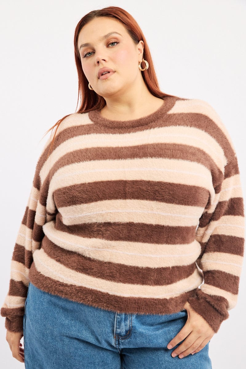 Brown Stripe Jumper Long Sleeve Crew Neck for YouandAll Fashion