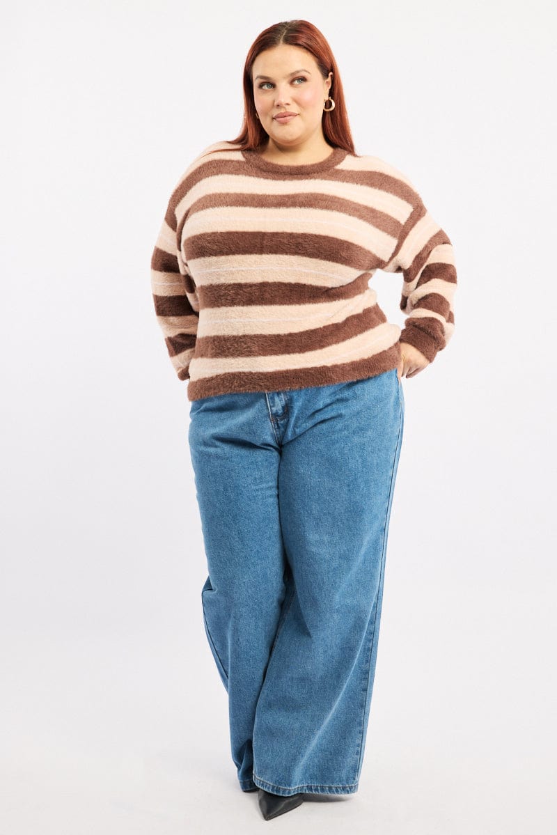 Brown Stripe Jumper Long Sleeve Crew Neck for YouandAll Fashion
