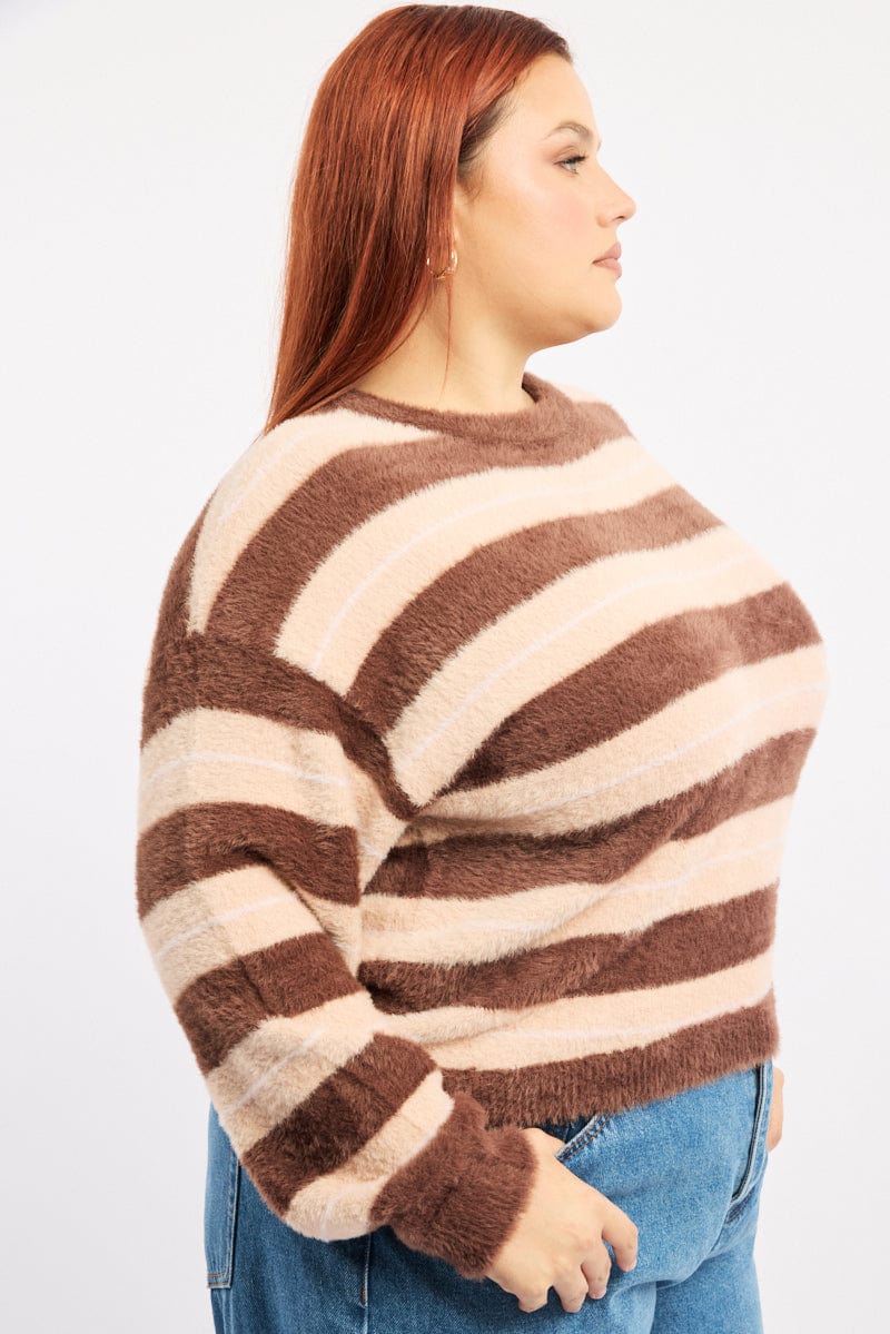 Brown Stripe Jumper Long Sleeve Crew Neck for YouandAll Fashion