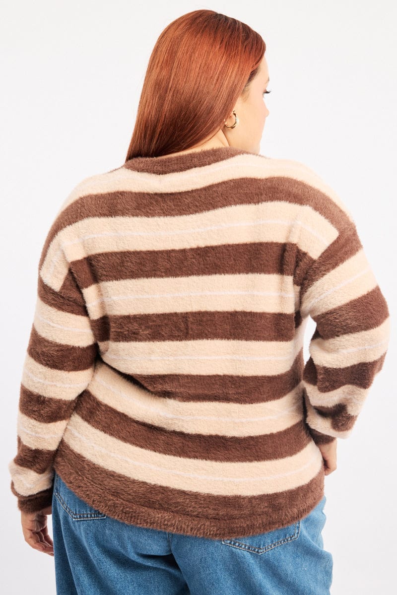 Brown Stripe Jumper Long Sleeve Crew Neck for YouandAll Fashion
