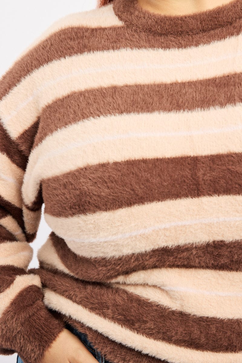 Brown Stripe Jumper Long Sleeve Crew Neck for YouandAll Fashion