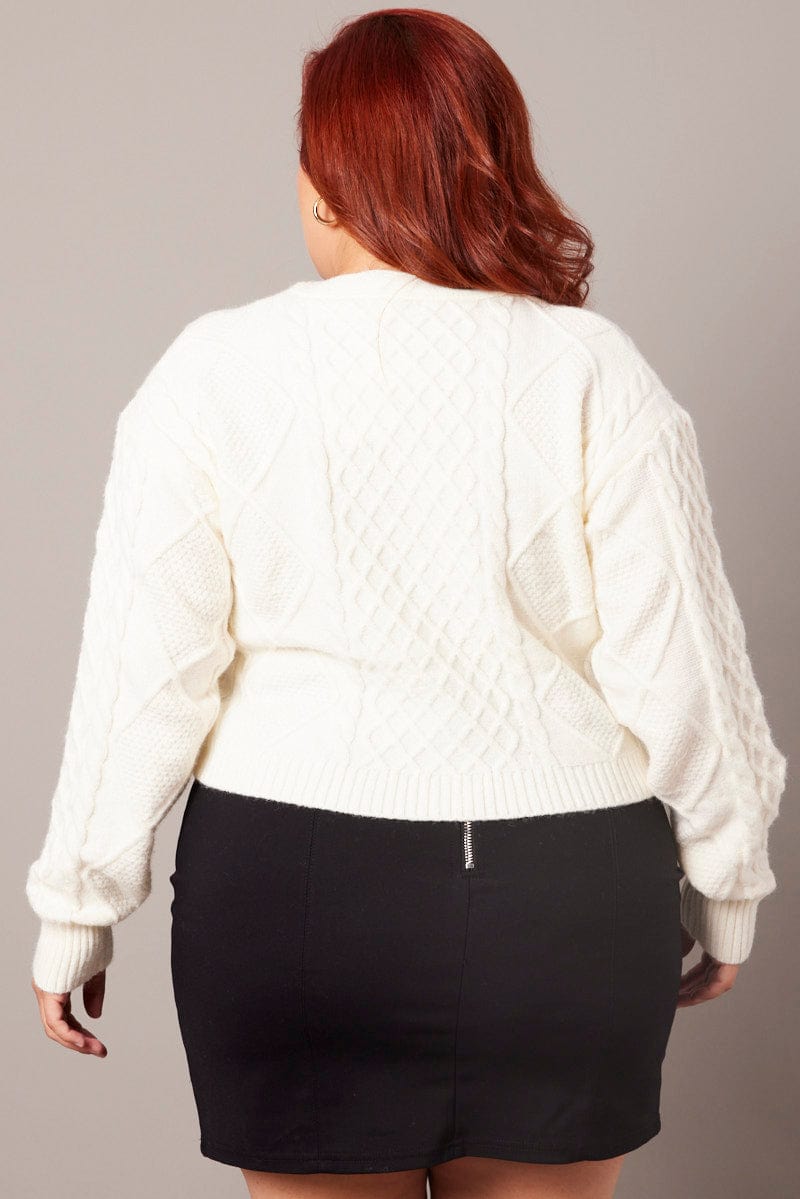 White Cable Knit Cardigan V Neck Crop for YouandAll Fashion