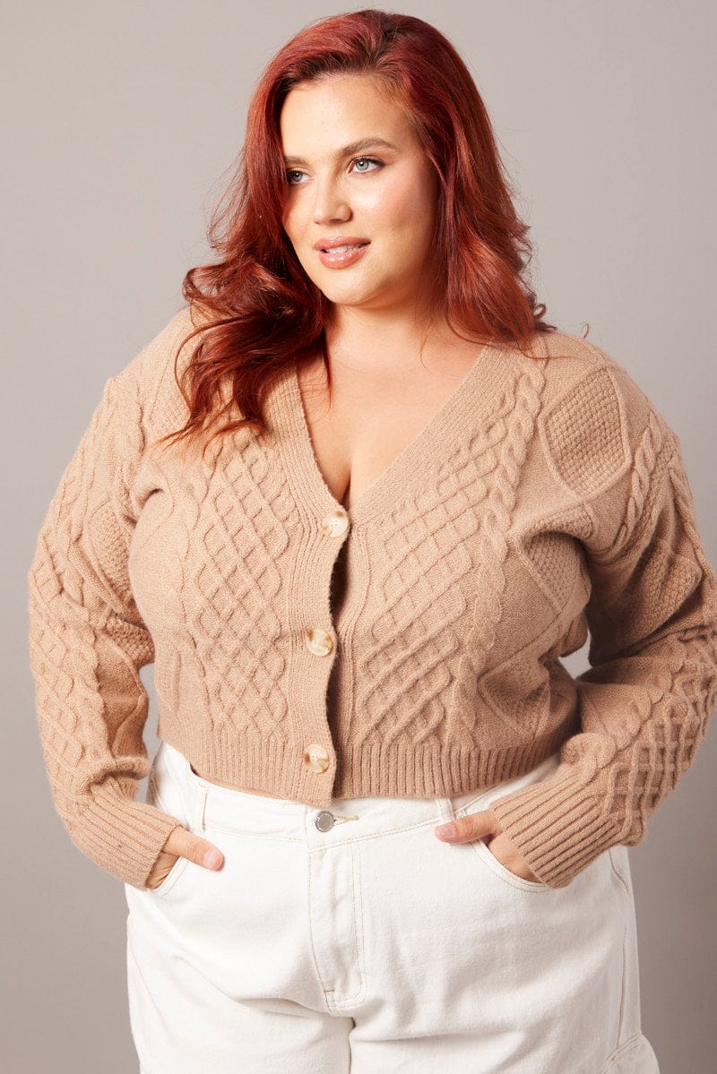 Beige Cable Knit Cardigan V Neck Crop for YouandAll Fashion