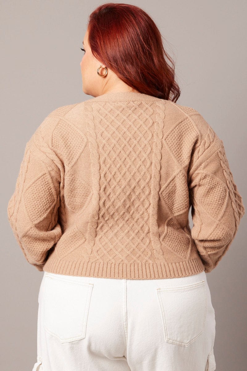 Beige Cable Knit Cardigan V Neck Crop for YouandAll Fashion
