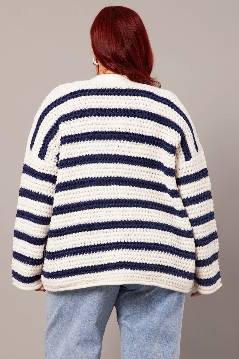White Stripe Oversized Knit Cardigan Long Sleeve Longline for YouandAll Fashion