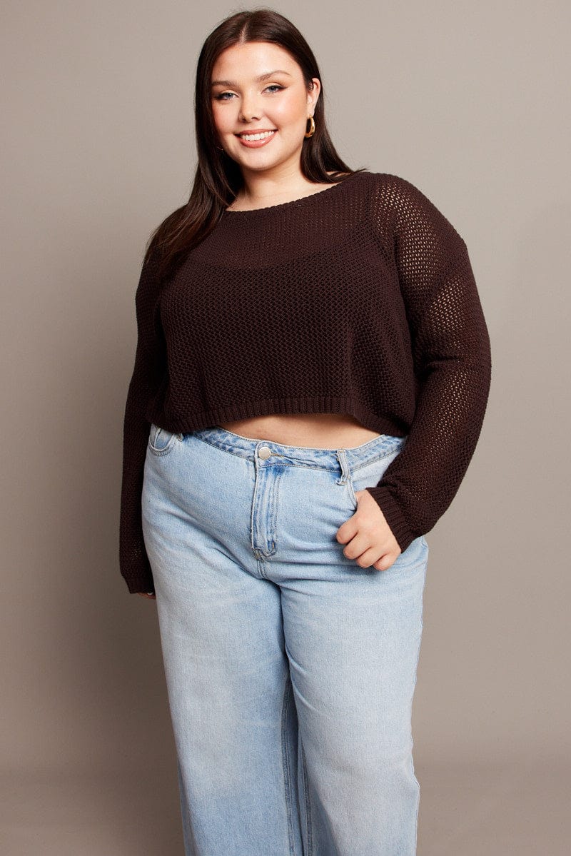 Brown Crochet Knit Jumper Crew Neck You All - Main Image
