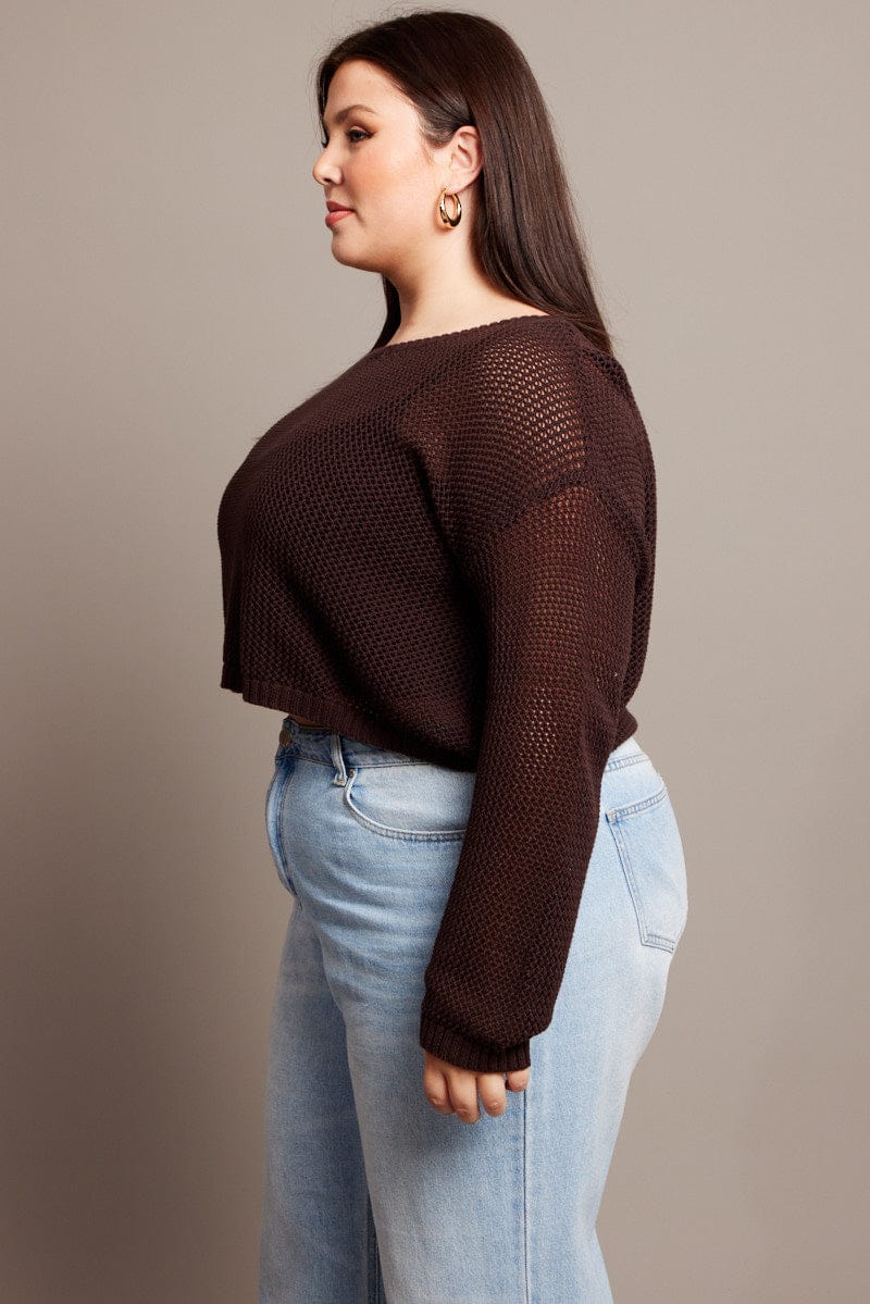 Brown Crochet Knit Jumper Crew Neck for YouandAll Fashion