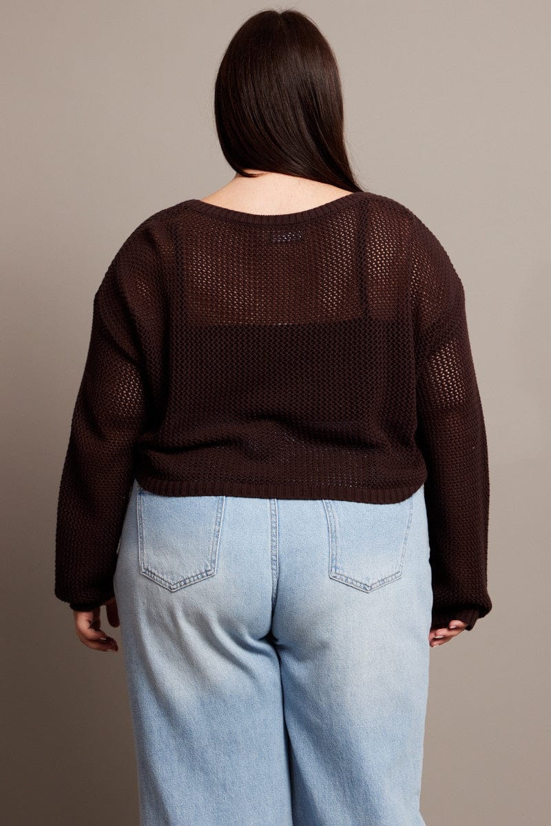 Brown Crochet Knit Jumper Crew Neck for YouandAll Fashion