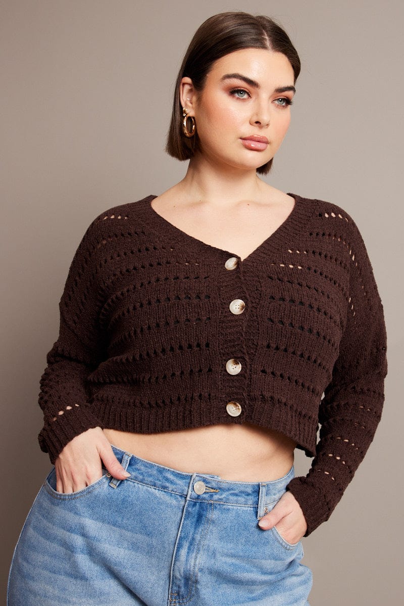 Brown Crochet Knit Cardigan V Neck for YouandAll Fashion