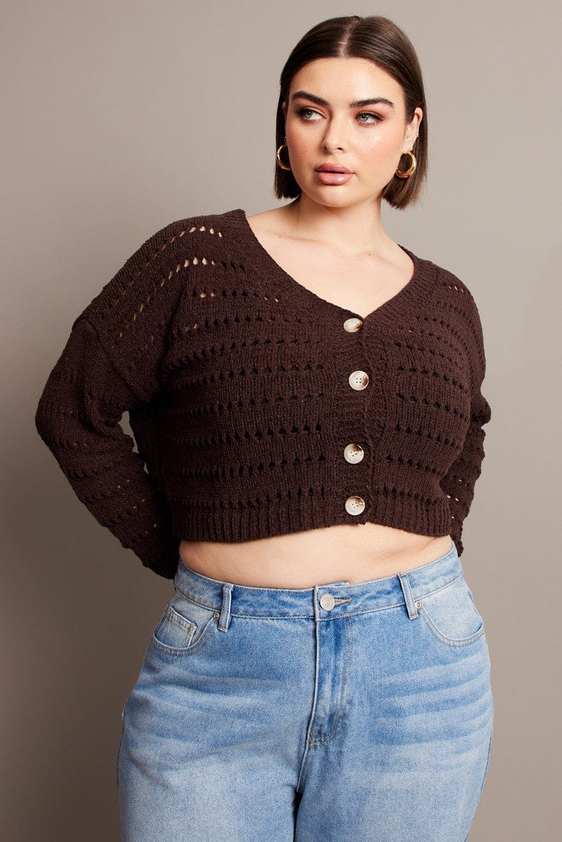 Brown Crochet Knit Cardigan V Neck for YouandAll Fashion