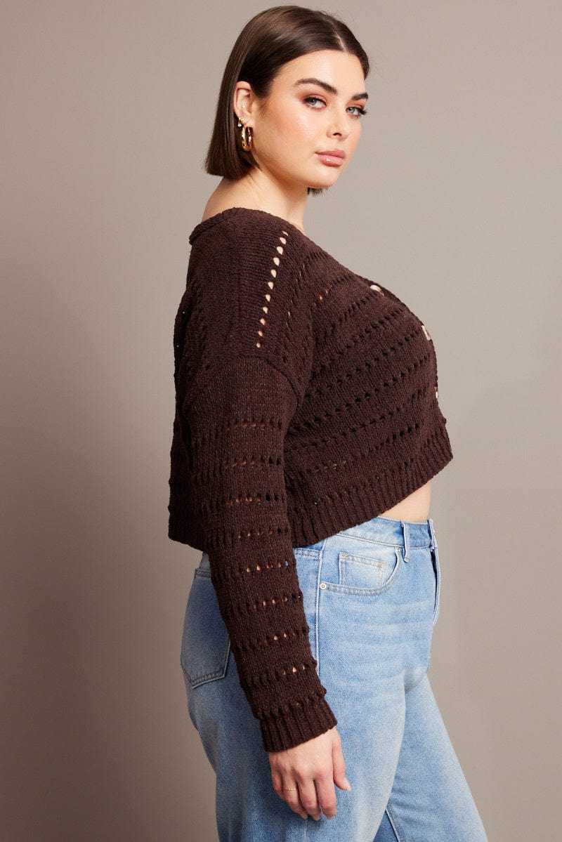 Brown Crochet Knit Cardigan V Neck for YouandAll Fashion