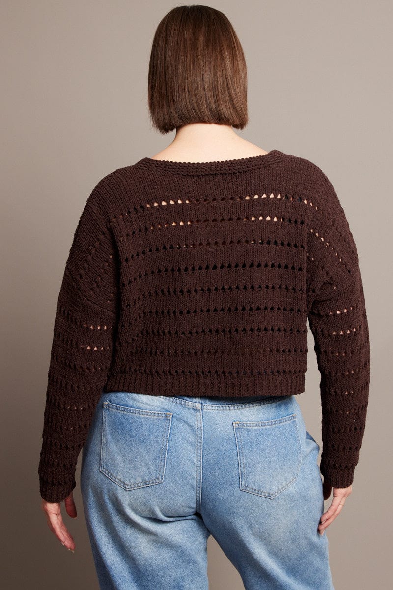 Brown Crochet Knit Cardigan V Neck for YouandAll Fashion