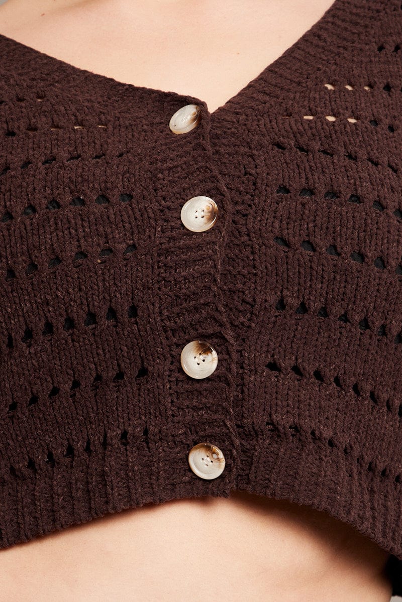 Brown Crochet Knit Cardigan V Neck for YouandAll Fashion