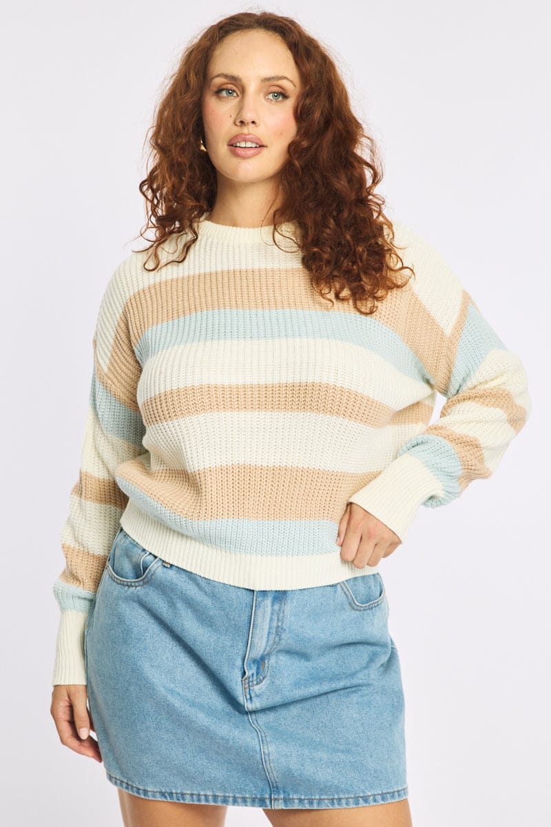 Blue Stripe Knit Jumper Long Sleeve Round Neck for YouandAll Fashion