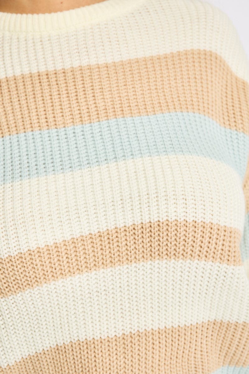 Blue Stripe Knit Jumper Long Sleeve Round Neck for YouandAll Fashion